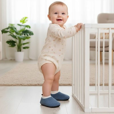 Poupon debout avec chausson souple bébé découverte bleu