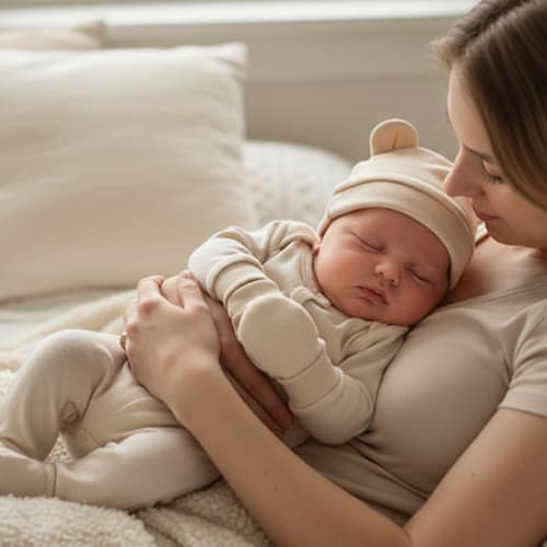 Poupon dort sur maman avec bonnet bébé naissance délicatesse