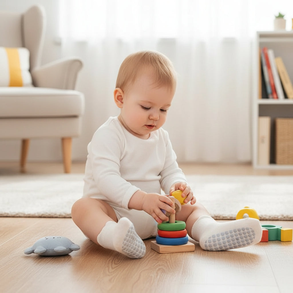 Poupon joue avec chaussette antidérapante bébé petit explorateur