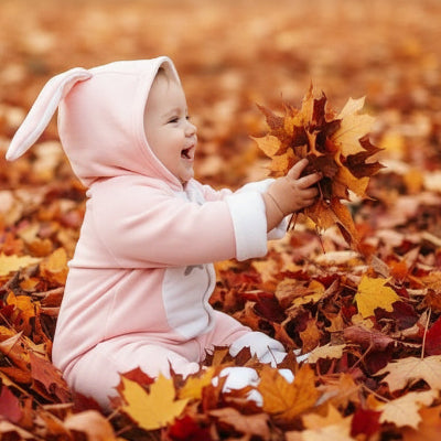 Poupon joue dans feuilles avec combinaison bébé polaire lapereau rose