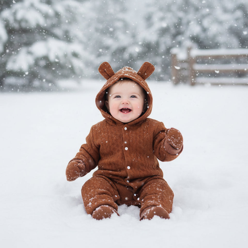 Poupon joue dans neige avec combinaison bebe lapin douillet brun