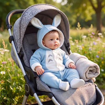 Poupon assis dans poussette avec combinaison bébé polaire lapereau bleu