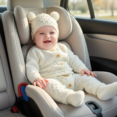 Poupon dans auto avec combinaison chaude bebe cocon cozy blanc dans poussette