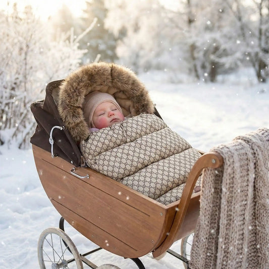 Poupon dort extérieur hiver dans chanceliere cozy alvéole abeille