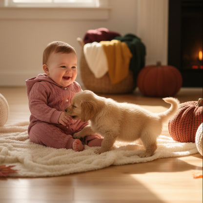 Poupon et chiot avec combinaison bebe lapin douillet rose