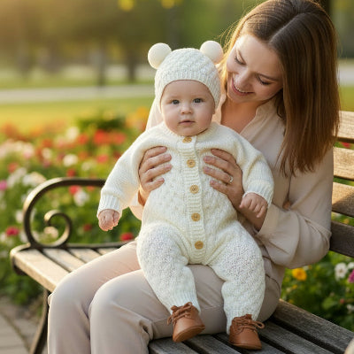 Poupon sur banc de parc avec combinaison bébé Cozy blanc