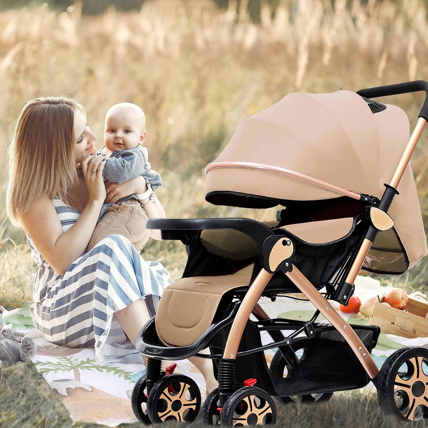 Poussette-bebe-spacieuse-beige
