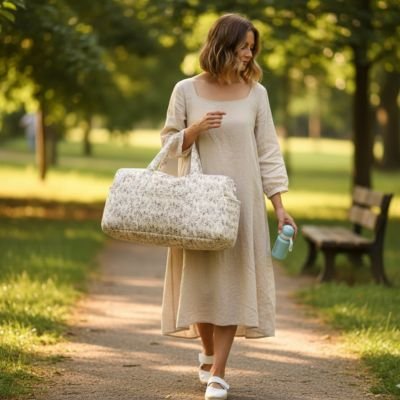 Promenade de maman dans parc avec sac a langer fleuri sur bras