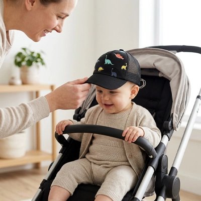 casquette bebe anti UV dinosaure animé noire