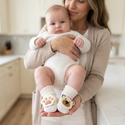 chaussettes bebe pattes d'ours blanches rayées beige 