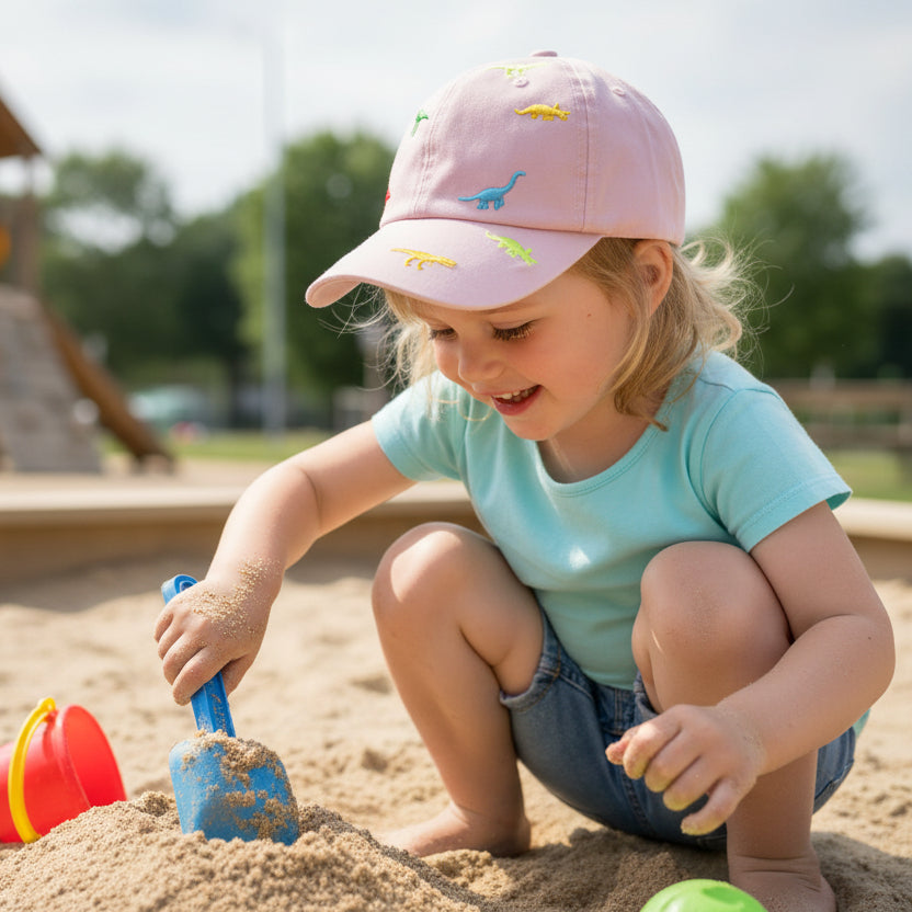 Fillette joue dans sable avec casquette pour bebe dinosaure rose