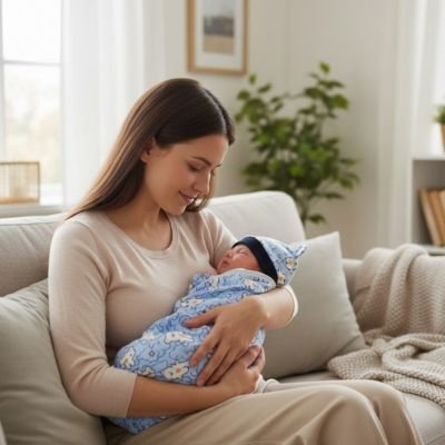 Lien attachement mère avec lange d'emmaillotage bébé sommeil serein