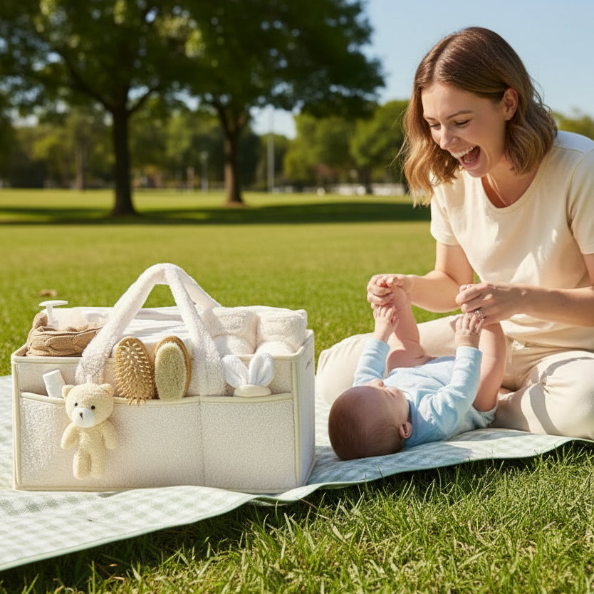 Maman joue avec bébé à côté de panier de rangement bebe pastel