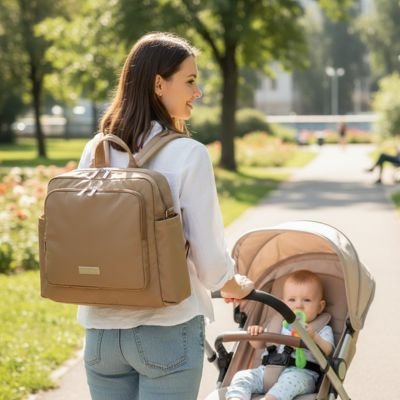 Mère avec poussette et sac a dos a langer multifonction spacieux