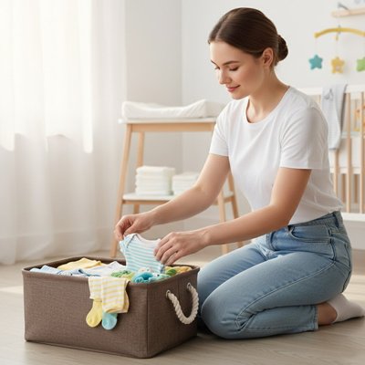 Mère range couche dans panier rangement bébé fibre naturelle