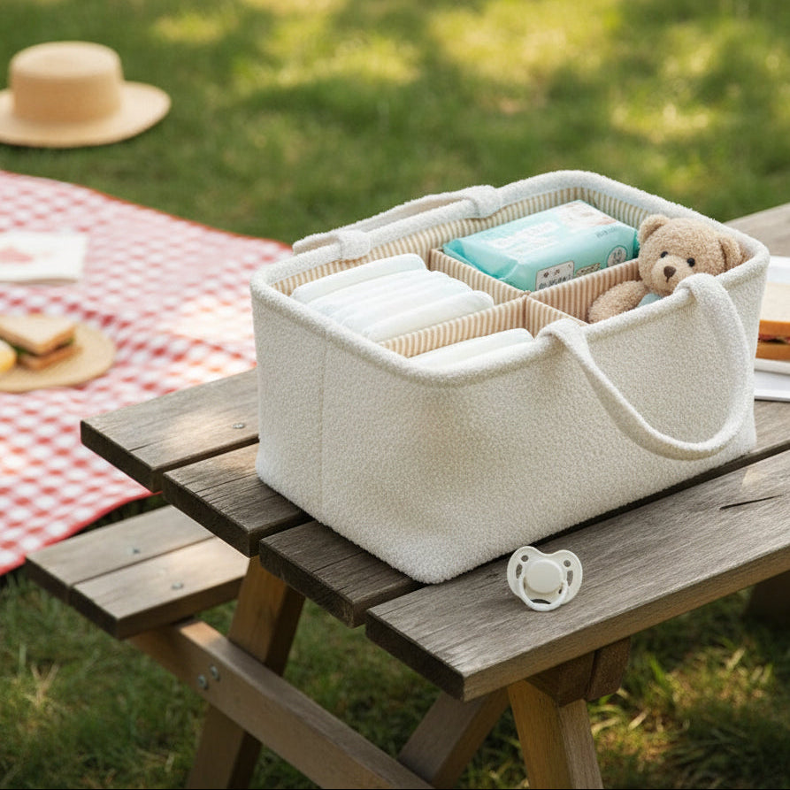 Panier de rangement bébé élégance sur table pique-nique