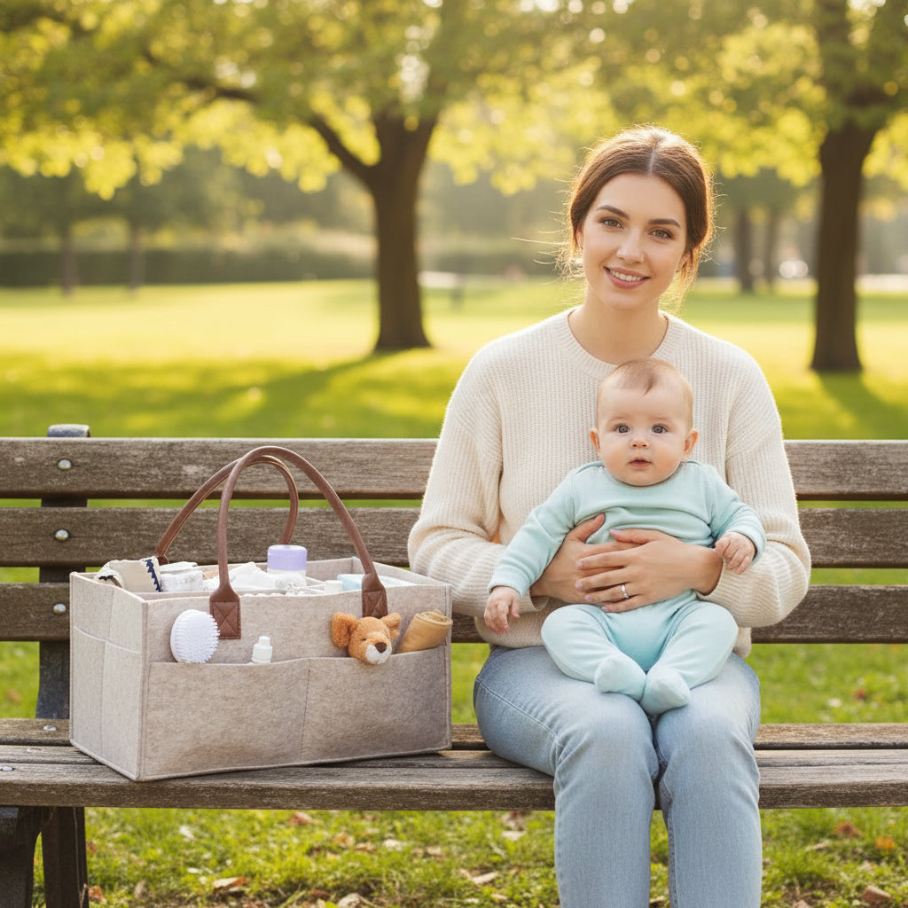 Panier de rangement bébé feutrine sur banc parc