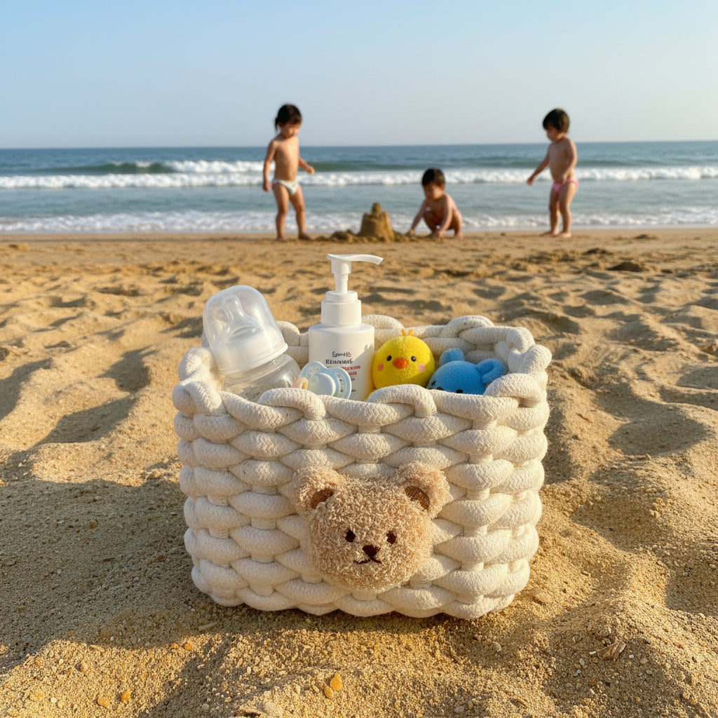 panier de rangement bébé tissé polyvalent sur sable
