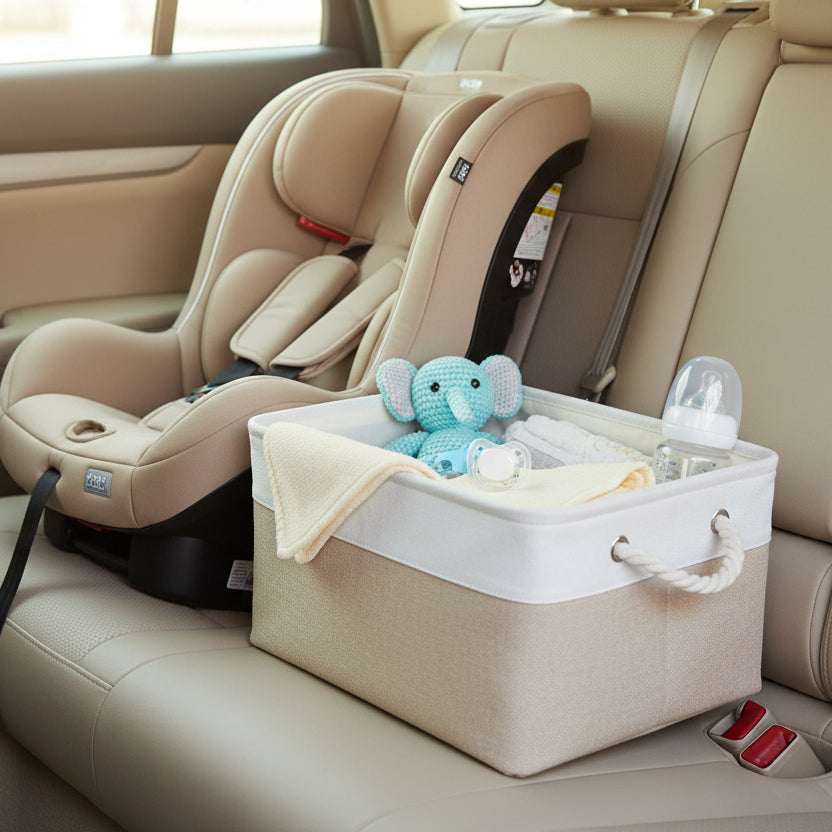 panier rangement bébé bicolore  dans auto
