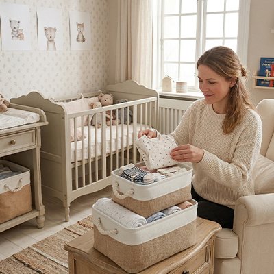 panier rangement bébé bicolore kaki