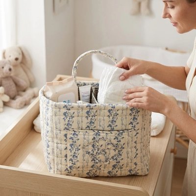 Panier rangement bébé floral matelassé bleu linéaire