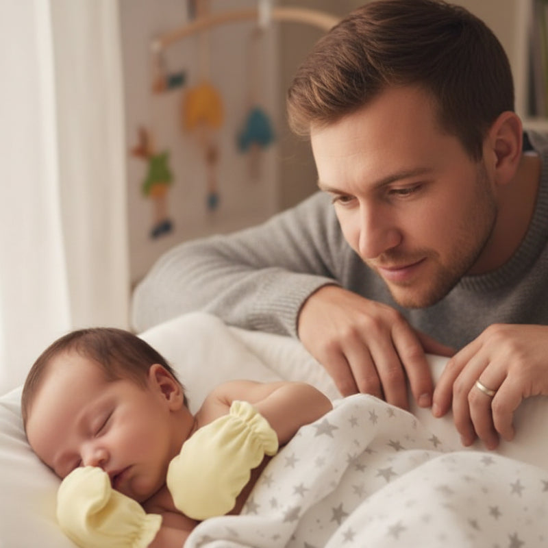 Papa regarde poupon avec moufles pour bebe tendresse jaune