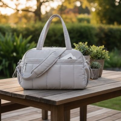 Sac a langer tout-en-un gris sur table pique-nique